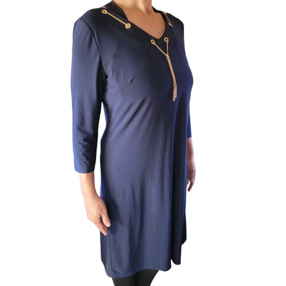 Nine West Blue Midi Dress M Gold Chain Necklace Bodycon Career Church Glam - Picture 9 of 9